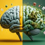 Illustration of a brain with decision-making areas highlighted alongside cannabis leaves and gambling symbols, emphasizing the intersection of cannabis use and online gambling.