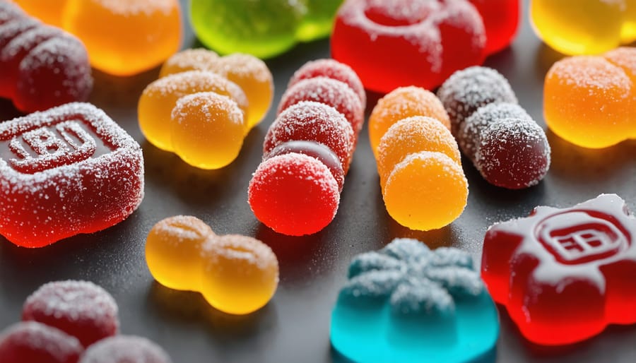 Assorted CBD gummies displaying different colors, shapes, and sugar coatings