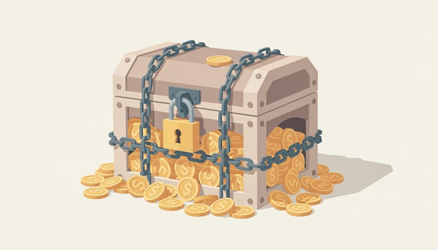 Locked treasure chest with chains and gold coins overflowing, symbolizing bonus funds restricted by wagering requirements.
