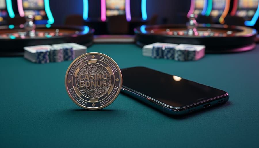 Casino felt table with a smartphone and a bonus token under neon-like reflections, with blurred gaming equipment in the background