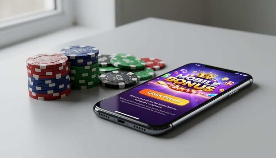 Smartphone beside casino chips and a wallet in soft light, representing online bonus offers without readable text.